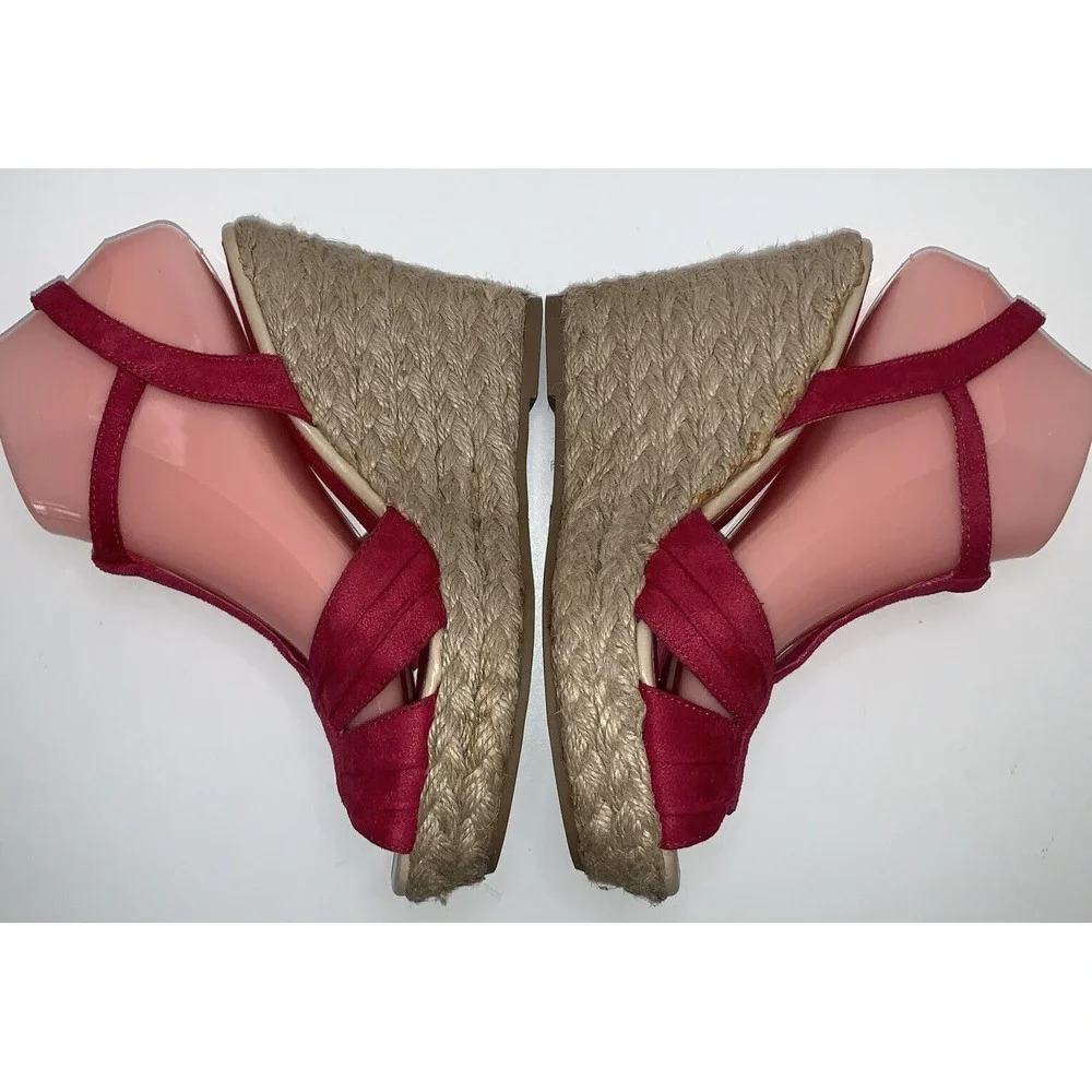 Wedge Sandals T-Strap Espadrille Platform Ankle Buckle Closure Women Size 9 Pink